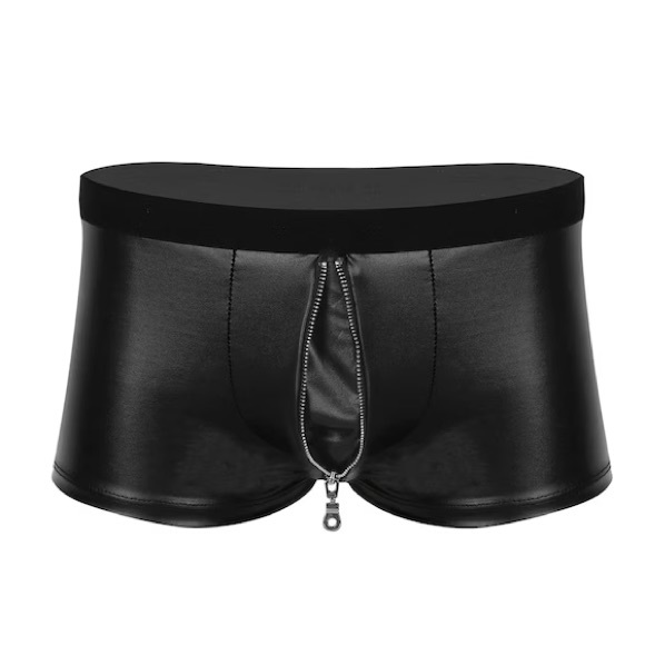 Wet Look Leather Boxer Mens Zipper Open Crotch Pants Men Boxer Shorts - Picture 4 of 5